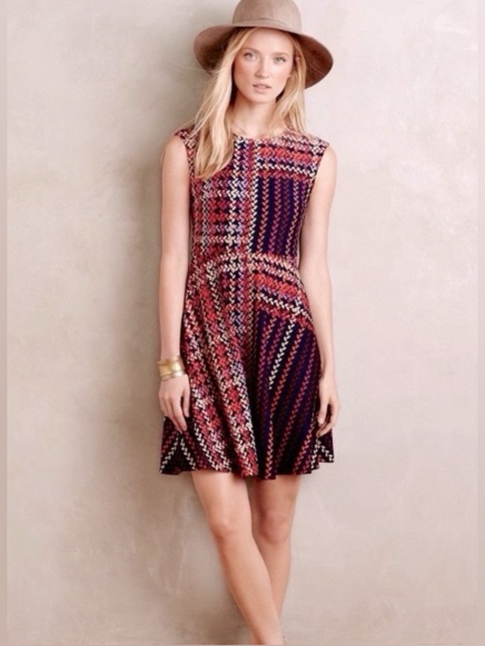 Donna Morgan for Anthropologie Red and Blue Patterned Midi Dress